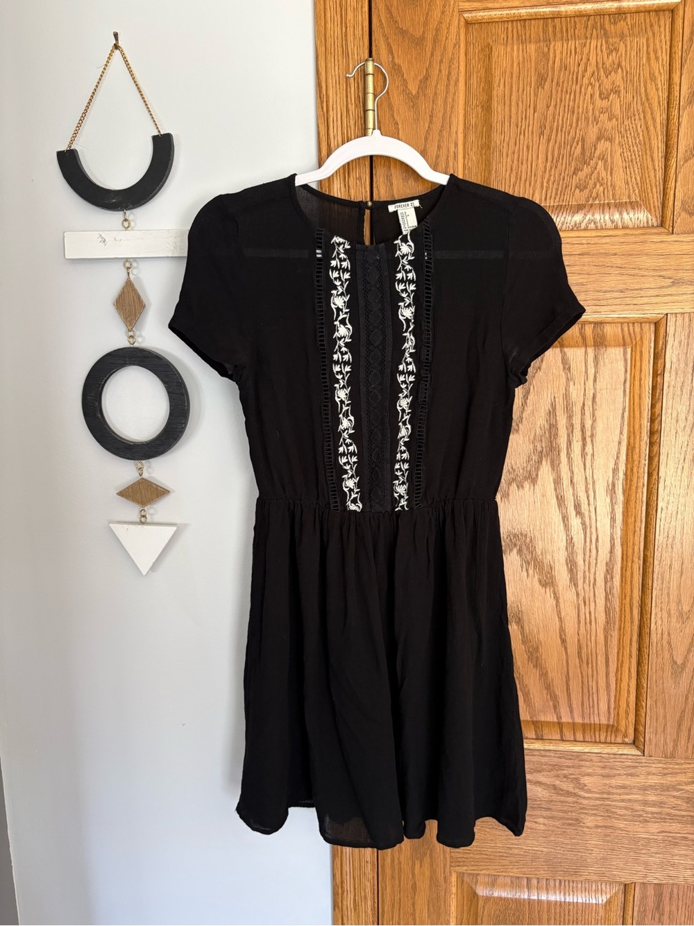 Forever 21 Black Mini Dress with White Embroidered Front